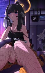 Rule 34 | 1girl, absurdres, animal ears, bare shoulders, black gloves, black hair, blue archive, blunt bangs, blush, breasts, cleavage, closed mouth, collarbone, dirty, dirty clothes, dirty face, dog ears, dog girl, dusk, fishnet pantyhose, fishnets, gloves, gradient sky, halo, handkerchief, hibiki (blue archive), highres, holding, holding handkerchief, indoors, looking at viewer, machinery, medium breasts, pantyhose, ponytail, purple eyes, sitting, sky, solo, spaghetti strap, strap slip, sunset, sweat, wiping sweat, yellow halo, zanya 000