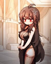 Rule 34 | 1girl, ahoge, animated, black dress, black thighhighs, breasts, brown hair, cleavage, cowboy shot, dress, garter belt, hair ornament, hwaryeok, large breasts, long hair, looping animation, mansion, mole, original, pixel art, red eyes, sarcophagus, side slit, skirt hold, smile, solo, stairs, standing, thighhighs, very long hair, video