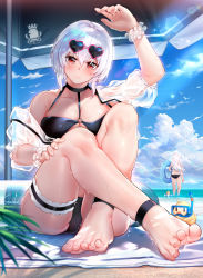 Rule 34 | absurdres, ankle strap, arm up, ass, azur lane, barefoot, beach, beach mat, beach umbrella, bikini, black bikini, blue sky, blurry, blurry foreground, blush, breasts, character name, choker, cleavage, cloud, collarbone, day, eyewear on head, foot focus, full body, hair between eyes, head tilt, heart, heart-shaped eyewear, highres, holding, holding swim ring, innertube, large breasts, looking at viewer, navel, o-ring, o-ring top, ocean, off shoulder, red eyes, sand, scrunchie, short hair, signature, sirius (azur lane), sirius (scorching-hot seirios) (azur lane), skindentation, sky, stardust (chen&#039;ai weiding), sunglasses, swim ring, swimsuit, thigh strap, toes, translucent, umbrella, white hair, white scrunchie, wrist scrunchie