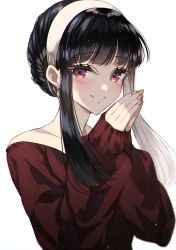 Rule 34 | 1girl, bad id, bad pixiv id, bare shoulders, black hair, blush, closed mouth, earrings, hair bun, hairband, half-closed eyes, highres, jewelry, long sleeves, looking at viewer, misteor, off-shoulder sweater, off shoulder, own hands together, red eyes, red sweater, sidelocks, simple background, single hair bun, solo, spy x family, sweater, white background, yor briar