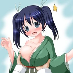 Rule 34 | 10s, 1girl, admiral (kancolle), blue eyes, blue hair, blush, grabbing another&#039;s breast, breasts, covered erect nipples, grabbing, grey eyes, hair ribbon, japanese clothes, kantai collection, kimono, large breasts, long hair, multicolored eyes, off shoulder, open mouth, ribbon, riku (rikkuru), solo focus, souryuu (kancolle), twintails, upper body, wavy mouth