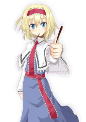 Rule 34 | 1girl, alice margatroid, blonde hair, blue eyes, capelet, chata maru (irori sabou), female focus, food, hairband, highres, looking at viewer, pocky, reaching, reaching towards viewer, short hair, simple background, solo, touhou, white background