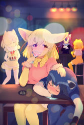 Rule 34 | 10s, 5girls, ^ ^, alpaca ears, alpaca suri (kemono friends), alpaca tail, ancolatte (onikuanco), animal ears, bar (place), beige legwear, black hair, blonde hair, blush, bow, bowtie, brown eyes, closed eyes, common raccoon (kemono friends), counter, cup, drinking, drinking glass, drooling, drunk, extra ears, facing away, fennec (kemono friends), fox ears, grey hair, grey wolf (kemono friends), hair over one eye, half-closed eyes, hand on another&#039;s head, headpat, highres, holding, holding cup, holding drinking glass, indoors, jaguar (kemono friends), japari symbol, kemono friends, looking at another, multicolored hair, multiple girls, open mouth, pantyhose, raccoon ears, saliva, short hair, sitting, sleeping, smile, table, tail, white hair, white legwear, wine glass, wolf ears, yellow bow, yellow bowtie