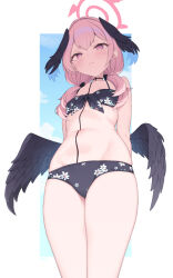 Rule 34 | 1girl, absurdres, bare shoulders, bikini, black bikini, black bow, black wings, blue archive, blush, bow, breasts, cloba, commentary, feathered wings, floral print, front-tie bikini top, front-tie top, hair bow, hair over shoulder, halo, head wings, highres, koharu (blue archive), koharu (swimsuit) (blue archive), long hair, looking at viewer, low twintails, low wings, official alternate costume, pink eyes, pink hair, pink halo, print bikini, small breasts, solo, swimsuit, twintails, wings