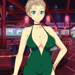 Rule 34 | 1girl, architecture, breasts, brown hair, casino, challengia, cleavage, cleavage cutout, clothing cutout, collarbone, depchan, dress, east asian architecture, evening gown, green dress, green eyes, indoors, lantern, large breasts, looking at viewer, nchans, nchans style, official art, open mouth, orcaleon, short hair, slot machine