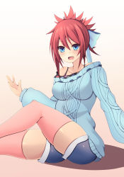 Rule 34 | 1girl, artist request, blue eyes, fang, highres, off shoulder, open mouth, phantasy star, phantasy star online 2, ponytail, red hair, ribbon, shorts, sitting, solo, sweater, thighhighs, yasaka hitsugi