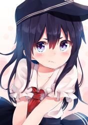Rule 34 | 1girl, adapted costume, akatsuki (kancolle), anchor symbol, ascot, black eyes, black hair, black headwear, black skirt, blouse, commentary request, cowboy shot, highres, kantai collection, looking at viewer, pleated skirt, pout, red ascot, shirt, skirt, solo, taisho (gumiyuki), white shirt