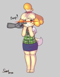 Rule 34 | 1girl, :&lt;, animal crossing, animal ears, animal hands, artist name, barefoot, bell, blonde hair, blue skirt, blush stickers, brown eyes, closed mouth, disembodied hand, disembodied limb, dog ears, dog girl, dog tail, english text, female focus, flat chest, full body, furry, furry female, glowing, glowing eyes, green vest, grey background, hair bell, hair ornament, hair tie, hands up, highres, isabelle (animal crossing), jingle bell, jpeg artifacts, legs together, miniskirt, neck ribbon, nintendo, pencil skirt, plaid, plaid vest, poking, poking nose, red ribbon, ribbon, shirt, short hair, short sleeves, signature, simple background, skirt, solo, standing, suenbroe, tail, topknot, vest, white shirt