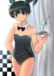 Rule 34 | 1boy, absurdres, animal ears, black eyes, black hair, black leotard, bow, bowtie, closed mouth, cocktail glass, collar, commentary, cowboy shot, crossdressing, cup, detached collar, drinking glass, fake animal ears, frown, haida katsuretsu, hand on own hip, highres, holding, holding tray, leotard, looking at viewer, male focus, male playboy bunny, original, playboy bunny, rabbit ears, standing, strapless, strapless leotard, sweatdrop, symbol-only commentary, tray, white collar, wing collar, wrist cuffs