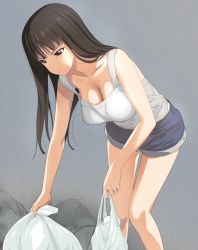 Rule 34 | 10s, 1girl, a1 (initial-g), black eyes, black hair, blouse, breasts, casual, cleavage, commentary request, denim, denim shorts, downblouse, feet out of frame, girls und panzer, grey background, jewelry, large breasts, leaning forward, long hair, mature female, nishizumi shiho, ring, shirt, shorts, simple background, sleeveless, solo, standing, tareme, trash bag, wedding band, white shirt