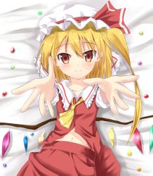 Rule 34 | 1girl, ascot, bad id, bad pixiv id, blonde hair, blush, efe, embodiment of scarlet devil, face, female focus, flandre scarlet, foreshortening, hat, looking at viewer, lying, navel, on back, outstretched arms, ponytail, reaching, reaching towards viewer, red eyes, side ponytail, skirt, smile, solo, touhou, wings
