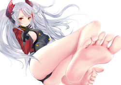 Rule 34 | 1girl, antenna hair, azur lane, bare legs, barefoot, blush, breasts, brown eyes, cross, feet, foot focus, foreshortening, hair between eyes, hand up, headgear, highres, iron cross, large breasts, leotard, long hair, looking at viewer, mole, mole on breast, multicolored hair, prinz eugen (azur lane), red hair, silver hair, simple background, soles, solo, streaked hair, toes, two side up, user vjpu3345, very long hair, white background