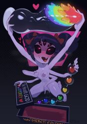 Rule 34 | 1girl, anal beads, arthropod girl, black background, black hair, black sclera, blush, bow, box, breasts, colored sclera, colored skin, dildo, extra arms, extra eyes, fangs, fingering, from above, grabbing own breast, hair bow, happy, heart, heart-shaped pupils, heavy breathing, highres, holding, huffslove, insect girl, looking up, masturbation, medium breasts, muffet, navel, nipple stimulation, nipple tweak, nipples, nude, open mouth, polka dot, polka dot background, purple skin, pussy juice, pussy juice puddle, rainbow order, sex toy, sitting, smile, spider girl, sweat, symbol-shaped pupils, thighs, twintails, uncensored, undertale, wariza