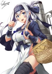 Rule 34 | 1girl, ainu clothes, arm warmers, artist name, bandages, basket, black thighhighs, blue eyes, box, breasts, collarbone, cropped jacket, dress, folded ponytail, fundoshi, hair between eyes, headband, holding strap, japanese clothes, kamoi (kancolle), kantai collection, large breasts, long hair, looking at viewer, open mouth, raised fist, rigging, sakiyamama, sash, sideboob, silver hair, sleeveless, sleeveless dress, smokestack, solo, teeth, thick eyebrows, thighhighs, white dress