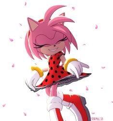 Rule 34 | 1girl, alternate costume, amy rose, boots, closed eyes, dress, eyelashes, falling petals, furry, furry female, gloves, petals, polka dot, polka dot dress, red dress, red footwear, signature, simple background, smile, solo, sonic (series), white background, yanimae