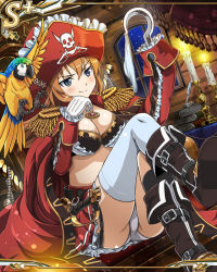 Rule 34 | 1girl, amulet, animal, bird, blue eyes, blush, book, boots, breasts, candle, cape, card (medium), charlotte e. yeager, cleavage, gloves, hat, holding, holding clothes, holding panties, holding underwear, hook hand, large breasts, official art, orange hair, panties, pantyshot, parrot, pirate, pirate costume, pirate hat, single thighhigh, sitting, skirt, smile, strike witches, sword, thighhighs, underwear, upskirt, weapon, white panties, white thighhighs, window, world witches series