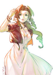 Rule 34 | 1girl, aerith gainsborough, bangle, bracelet, braid, braided ponytail, breasts, brown hair, buttons, choker, cleavage, cropped jacket, curly hair, dress, final fantasy, final fantasy vii, final fantasy vii remake, green eyes, hair ribbon, hand up, jacket, jewelry, long dress, long hair, looking at viewer, medium breasts, nanpou (nanpou0021), parted bangs, parted lips, pink dress, red jacket, ribbon, short sleeves, sidelocks, solo, square enix, sundress, upper body, white background