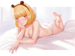 Rule 34 | 1girl, animal ears, ass, bare arms, bare legs, bare shoulders, barefoot, black hairband, blonde hair, blush, bra, breasts, brown eyes, cleavage, closed mouth, collarbone, commentary request, fake animal ears, feet, feet up, full body, hairband, hand on own chin, highres, kafkasea, large breasts, looking at viewer, lying, mouse ears, on bed, on stomach, panties, parted lips, purple bra, purple panties, short hair, smile, soles, solo, the pose, toes, uchi emiri, underwear, underwear only, unusually open eyes, watashi ga motenai no wa dou kangaetemo omaera ga warui!, white background, white theme