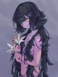 Rule 34 | 1girl, ak yohuke, androgynous, black hair, clenched hand, closed mouth, collarbone, colored skin, commentary request, cowboy shot, drooling, expressionless, flat chest, flower, grey background, hair over breasts, highres, holding, holding flower, holding own wrist, lily (flower), long hair, looking at viewer, looking to the side, messy hair, nude, original, pink skin, solo, stain, very long hair, white flower, white lily, yellow eyes