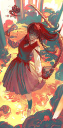 Rule 34 | 1girl, absurdres, belt, belt buckle, black socks, bone, buckle, chainsaw man, collared shirt, commentary, dress, english commentary, explosion, explosive, facial scar, floating hair, from above, full body, hand up, highres, holding, holding bone, legs apart, limited palette, long hair, long sleeves, looking to the side, neck ribbon, otsudou, outdoors, pinafore dress, red dress, red eyes, red hair, ribbon, ringed eyes, ripples, scar, scar on cheek, scar on face, school uniform, serious, severed head, shirt, shoes, sideways glance, sleeveless, sleeveless dress, smoke, socks, solo, spine, standing, throwing, v-shaped eyebrows, white footwear, white shirt, yoru (chainsaw man)