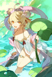 Rule 34 | 1girl, andira (granblue fantasy), andira (summer) (granblue fantasy), animal ears, antenna hair, artist name, bare shoulders, blonde hair, breasts, casual one-piece swimsuit, cleavage, cyenmi3, double bun, granblue fantasy, hagoromo, hair bun, highres, holding, holding leaf, leaf, looking at viewer, monkey ears, one-piece swimsuit, open mouth, orange eyes, oversized object, shawl, short hair, sitting, small breasts, smi, smile, soaking feet, solo, swimsuit, swimsuit cover-up, thigh strap, water