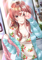 Rule 34 | 1girl, arm up, blue jacket, blush, bottle, breasts, brown eyes, brown hair, cleavage, commentary request, dutch angle, fingernails, food print, hair between eyes, hand up, highres, holding, indoors, iroha (shiki), jacket, long fingernails, long hair, long sleeves, looking at viewer, medium breasts, nail polish, off shoulder, open clothes, open jacket, original, parted lips, print shirt, red nails, revision, shirt, sleeves past wrists, solo, strawberry print, striped clothes, striped jacket, toothbrush, very long hair, white shirt