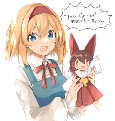 Rule 34 | 1girl, alice margatroid, blonde hair, blue dress, blue eyes, blush, character doll, collared shirt, dress, hair between eyes, hairband, hakurei reimu, long sleeves, oinari (tensaizoku), open mouth, puffy long sleeves, puffy sleeves, red hairband, shirt, short hair, simple background, smile, solo, speech bubble, touhou, translation request, upper body, white background, white shirt