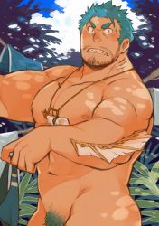Rule 34 | 1boy, abs, ass, bara, beard, blue eyes, blue hair, blue male swimwear, blue pubic hair, blue swim briefs, blush, censored, clenched teeth, completely nude, facial hair, fins, from side, holding, holding clothes, holding male swimwear, holding swimsuit, jewelry, kuro nezumi inu, large pectorals, light, looking at viewer, looking to the side, male focus, male pubic hair, male swimwear, male swimwear removed, male underwear, manly, muscular, navel, necklace, nipples, nude, out-of-frame censoring, pectorals, pubic hair, shadow, sharp teeth, solo, spiked hair, sweatdrop, swim briefs, swimsuit, unworn swimsuit, teeth, thighs, tokyo houkago summoners, triton (housamo), underwear, upper body