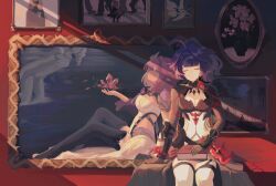 Rule 34 | 1girl, ahoge, black gloves, book, breasts, closed eyes, closed mouth, clothing cutout, commentary request, elysia (honkai impact), elysia (miss pink elf) (honkai impact), facing viewer, feet out of frame, felicita (rain13039491), gloves, hair intakes, highres, honkai (series), honkai impact 3rd, medium breasts, navel, navel cutout, pink hair, purple hair, raiden mei, raiden mei (danzai spectramancer), sitting, solo, thighhighs, white thighhighs