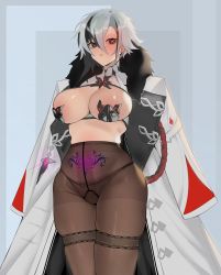 Rule 34 | 1girl, absurdres, arlecchino (genshin impact), black eyes, black hair, blush, brashear lushert, breasts, cleavage, closed mouth, coat, covered erect nipples, fur-trimmed coat, fur trim, genshin impact, hair between eyes, high-waist pantyhose, highres, large breasts, looking at viewer, multicolored hair, pantyhose, pubic tattoo, red pupils, short hair, solo, streaked hair, symbol-shaped pupils, tattoo, thigh strap, two-tone hair, white coat, white hair, x-shaped pupils