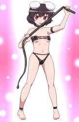 Rule 34 | 1girl, arm strap, bad id, bad pixiv id, bare arms, bare legs, bare shoulders, barefoot, black legwear, breasts, choker, collarbone, dominatrix, gluteal fold, inaba tewi, latex, latex bra, latex panties, licking, licking weapon, looking at viewer, navel, panties, pinky out, rabbit, red eyes, shirosato, short hair, small breasts, solo, standing, touhou, underwear, weapon, whip
