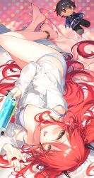 Rule 34 | 1girl, absurdres, anklet, barefoot, blue bra, blue panties, bra, game console, highres, horns, jewelry, long hair, looking at viewer, lying, nail polish, no pants, on side, open mouth, panties, red hair, red nails, seiken gakuin no maken tsukai, shirt, smile, solo, thighs, toosaka asagi, two side up, underwear, veira (seiken gakuin no maken tsukai), very long hair, white shirt, yellow eyes