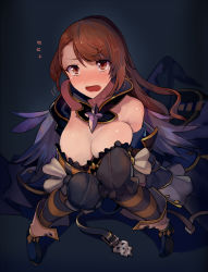 Rule 34 | 10s, 1girl, beatrix (granblue fantasy), blush, grabbing another&#039;s breast, breasts, brown eyes, brown hair, cleavage, commentary request, dark background, dress, flying sweatdrops, gloves, grabbing, granblue fantasy, groping, highres, large breasts, long hair, long sleeves, matching hair/eyes, nose blush, solo, strapless, strapless dress, tears, walzrj