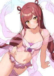 Rule 34 | 1girl, absurdres, alt text, alternate hairstyle, arm support, blush, bracelet, breasts, cleavage, closed mouth, collarbone, frilled skirt, frills, hair ornament, hair rings, highres, idolmaster, idolmaster shiny colors, jewelry, long hair, looking at viewer, low tied hair, low twintails, medium breasts, microskirt, navel, osaki amana, pink skirt, pink thighhighs, red hair, single thighhigh, sitting, skirt, small breasts, solo, swept bangs, thighhighs, twintails, wanimaru, yellow eyes