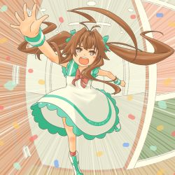 Rule 34 | 1girl, absurdres, ahoge, alternate hairstyle, brown hair, dress, highres, kantai collection, kuma (kancolle), long hair, open mouth, outstretched hand, pot-de, signature, smile, speed lines, star-shaped pupils, star (symbol), symbol-shaped pupils, twintails