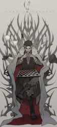 Rule 34 | 1boy, a song of ice and fire, armor, bad id, bad pixiv id, black eyes, book, boots, brown hair, cape, chess board, chess piece, chessboard, crossed legs, facial hair, game of thrones, gendou pose, hands clasped, highres, male focus, mustache, own hands clasped, own hands together, petyr baelish, sitting, solo, throne, wavesheep