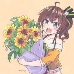 Rule 34 | 1girl, ahoge, artist name, bare shoulders, blue eyes, blush, bouquet, brown hair, camisole, cat hair ornament, collarbone, commentary, congratulations, cropped jacket, english commentary, flower, hair between eyes, hair ornament, hair ribbon, halterneck, highres, holding, holding bouquet, hololive, jacket, kukie-nyan, looking at viewer, medium hair, midriff, mixed-language commentary, natsuiro matsuri, natsuiro matsuri (1st costume), off-shoulder jacket, off shoulder, open mouth, orange background, orange jacket, ribbon, side ponytail, simple background, smile, solo, sunflower, twitter username, upper body, virtual youtuber