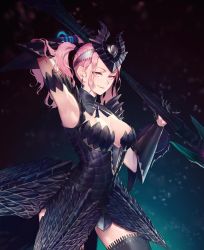 Rule 34 | 1girl, alatreon (armor), arm up, armor, armpits, breasts, cleavage cutout, clothing cutout, earrings, highres, jewelry, large breasts, monster hunter (series), monster hunter: world, pink eyes, pink hair, slinger (monster hunter), thighhighs, weapon, zettai ryouiki
