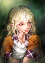 Rule 34 | 1girl, arm warmers, blonde hair, detached sleeves, female focus, green eyes, lips, matsuda (matsukichi), mizuhashi parsee, pointy ears, puffy sleeves, realistic, short hair, short sleeves, smile, solo, touhou, upper body
