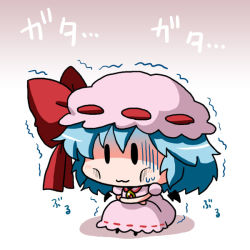 Rule 34 | 1girl, :3, bad id, bad pixiv id, bat wings, blue hair, bow, brooch, chibi, cold, crossed arms, dress, frilled dress, frills, gloom (expression), gradient background, hat, hat bow, jewelry, mob cap, noai nioshi, pink dress, pink hat, remilia scarlet, sitting, solo, touhou, trembling, wings