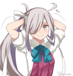 Rule 34 | 10s, 1girl, ahoge, arms behind head, arms up, asashimo (kancolle), bad id, bad pixiv id, bow, bowtie, grey eyes, grey hair, headband, ido (teketeke), kantai collection, looking at viewer, multicolored hair, ponytail, school uniform, shirt, simple background, sleeves rolled up, smile, solo, two-tone hair, upper body, white background, white shirt