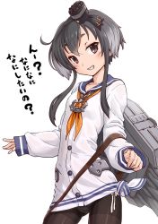 Rule 34 | 10s, 1girl, anchor, black hair, brown eyes, chain, clothes pull, dress, gradient hair, grey hair, grin, hairband, highres, jewelry, kantai collection, looking at viewer, machinery, mujuuryoku kantai, multicolored hair, neckerchief, necklace, panties, panties under pantyhose, pantyhose, pantyhose pull, short hair with long locks, smile, solo, thighband pantyhose, tokitsukaze (kancolle), translation request, underwear, white dress