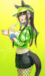 Rule 34 | 1girl, :d, animal ears, ass, bad id, bad twitter id, black hair, black shorts, breasts, character request, cowboy shot, cup, drinking straw, drop earrings, earrings, fishnet pantyhose, fishnets, from side, gradient background, green nails, hair between eyes, highres, holding, holding cup, horse ears, horse tail, jewelry, large breasts, long hair, looking at viewer, midriff, nail polish, open mouth, pantyhose, pink eyes, pocket, scrunchie, shorts, simple background, smile, solo, syuri22, tail, visor cap, wrist scrunchie, yellow background