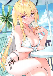 Rule 34 | 1girl, absurdres, bare shoulders, bikini, blonde hair, blue sky, blush, chair, cloud, cloudy sky, cu-no, day, food, hair ornament, hairclip, hakurei botan, highres, hisen kaede, holding, holding food, ice cream, jewelry, long hair, looking at viewer, navel, necklace, ocean, outdoors, palm leaf, palm tree, purple eyes, scrunchie, simple background, sitting, sky, smile, solo, stomach, swimsuit, table, tree, water, wrist scrunchie