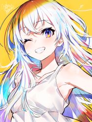 Rule 34 | 1girl, armpits, bare shoulders, blush, breasts, collarbone, commentary request, dress, grin, highres, looking at viewer, mika pikazo, multicolored hair, one eye closed, orange background, original, purple eyes, signature, silver hair, simple background, sleeveless, sleeveless dress, small breasts, smile, solo, upper body, white dress