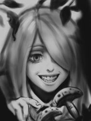Rule 34 | 1girl, eyelashes, gohpot, greyscale, grin, hair over one eye, leaf, little witch academia, long hair, monochrome, mushroom, smile, solo, sucy manbavaran, symbol-only commentary, teeth, witch