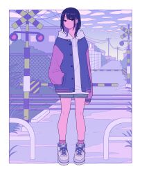 Rule 34 | 1girl, absurdres, building, cloud, commentary, earrings, expressionless, full body, gradient sky, grass, hand in pocket, highres, jewelry, looking at viewer, original, outdoors, outline, purple socks, purple theme, road, shi oo, shoes, shorts, sky, sleeves past wrists, socks, solo, street, white outline