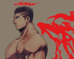 Rule 34 | 1boy, bara, black hair, completely nude, dark, expressionless, facial hair, fiery wings, from side, halo, highres, large pectorals, looking to the side, male focus, muscular, muscular male, no nipples, nude, pectorals, short hair, sidepec, solo, stubble, tokyo houkago summoners, upper body, yellow eyes, zabaniyya (housamo), zabaniyan