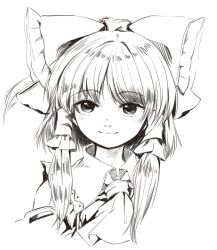 Rule 34 | 1girl, ascot, bare shoulders, blush, bow, closed mouth, collared shirt, commentary request, detached sleeves, frills, greyscale, hair bow, hair ornament, hair tubes, hakurei reimu, highres, long sleeves, looking at viewer, matsukuzu, monochrome, parted bangs, ponytail, shirt, short hair, simple background, smile, solo, touhou, upper body, wide sleeves