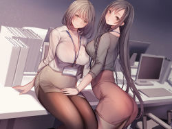 Rule 34 | 2girls, absurdres, amane ruri, arched back, ass, binder, black hair, black sweater, bra visible through clothes, breasts, brown eyes, brown skirt, cleavage, closed mouth, collared shirt, commentary request, curvy, desk, grey hair, grey skirt, hand on another&#039;s thigh, head tilt, highres, indoors, large breasts, long hair, looking at viewer, medium hair, monitor, multiple girls, name tag, office, office lady, on desk, original, pantyhose, pantylines, pencil skirt, ribbed sweater, shirt, sitting, on desk, skirt, smile, standing, sweater, white shirt